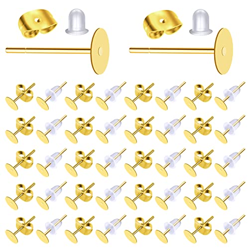 Toaob 300Pcs Hypoallergenic Gold Stainless Steel Earring Posts 5Mm Flat Pad Blanks Pin Studs With Clear Rubber Earring Backs And Butterfly Earring Backs For Jewelry Making Diy #TOP26