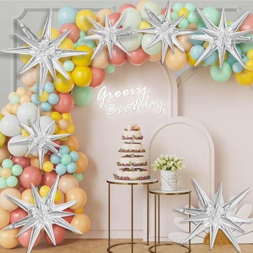 Image of Toys Treasure Silver Star Foil Balloons 22 Inch 7 Pcs - 4D Large Metallic Star Balloons for 70s Disco Party Birthday Graduation New Year Celebration Decorations
