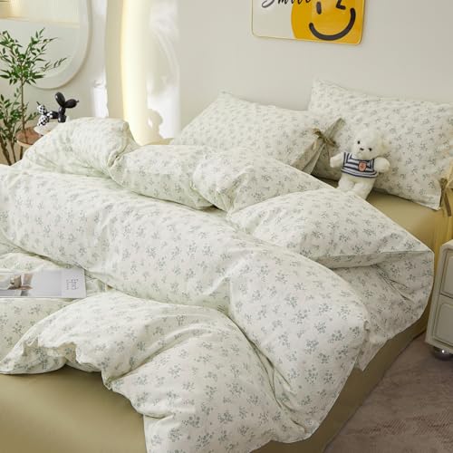 Image of Full Size Comforter Set Vintage Floral Comforter Bedding Set, Aesthetic Coquette Botanical Green Flowers Comforter with 2 Bow Ties Pillowcases, Lightweight Cottagecore Comforter Set for All Season
