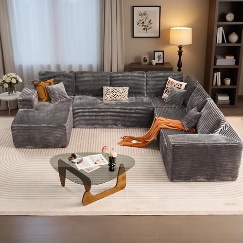 Image of HOOOWOOO Cloud Sectional Couches for Living Room,Modular Sectional Sofa No Assembly,133X108 Inch Plush Corduroy Large U Shaped Floor Couch Set with Deep Seat Left Chaise(Gray)