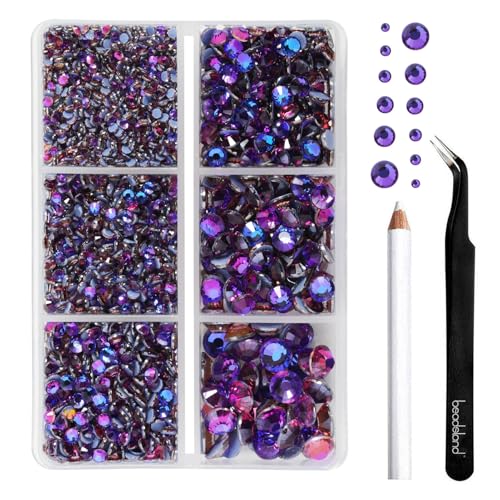 BEADSLAND Strass Hotfix,4000 PCS Strass Mauve Thermocollant pour Vetement Mixte 6 Tailles avec Crayon de Cire et Kit Pince à Épiler, SS6-SS30,Velours Violet