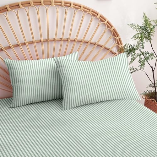 Image of Nayoroom Green Striped Duvet Cover Queen White Stripe Bedding