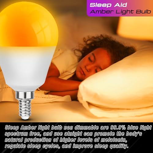 Image of E12 Small Candelabra Base Amber Sleep Light Bulbs,1800K Blue Light Blocking | G45 Warm Night Light Bulbs 25W-40W Equivalent, 3W 300LM E12 Amber Light Bulb for Healthy Sleep, Bedroom, Non-Dimmable, 2 pack