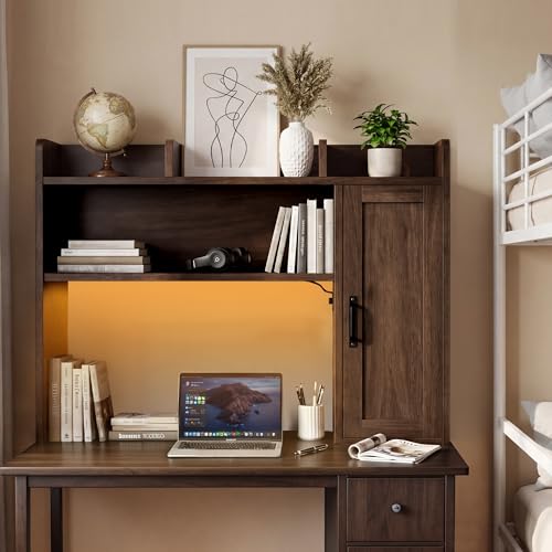 Image of Desktop Bookshelf, Desk Hutch with RGB LED Lights & Power Outlets 37 inch Desk Hutch Organizer with Storage Cabinet Desktop Storage Shelf for 27 inch Monitor, Tabletop Bookcase for Dorm Office Home