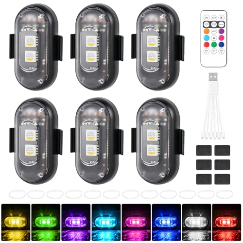 FENYW 6 Stück Kabellose LED Lichter, 8 Farben Wasserdicht Blitzlicht mit Fernbedienung, USB-Aufladung Antikollisionslichter, USB Aufladung Blitzleuchte für Motorrad, Drohne, Camping, Angeln
