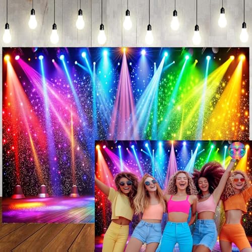 LTLYH 7x5ft Fabric Disco Rainbow Stage 70s 80s 90s Backdrop Vintage Lights Photography Background Rock Music Club Neon Glow Party Decorations Photo Banner 312