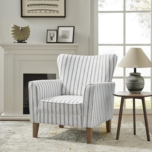 Sillón tapizado a rayas azul con patas de madera miniatura 1