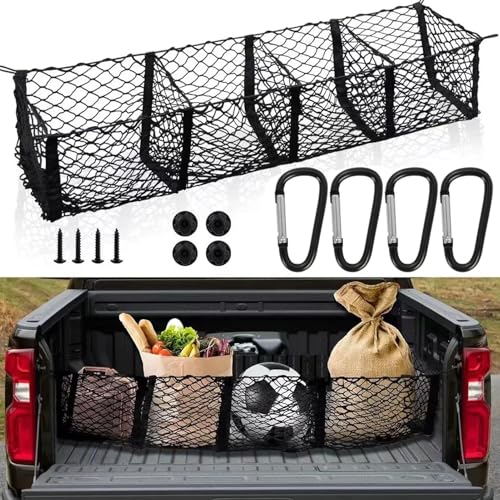 Cargo Net for Pickup Truck Bed, 150cm Adjustable Elastic Mesh Storage Organizer, 4 Compartments with Carabiners, Heavy Duty Polyester for SUV, Trunk