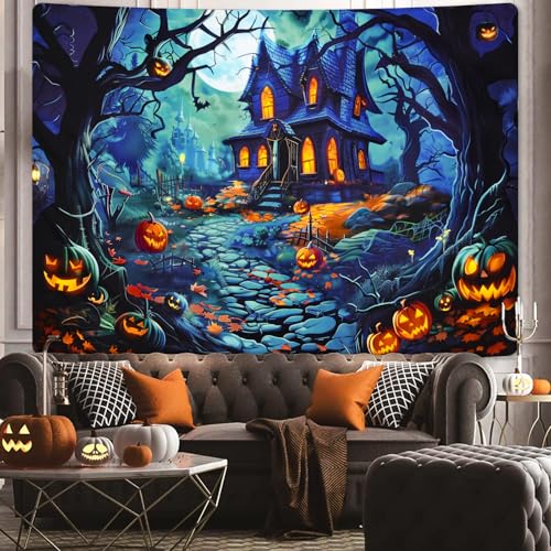Uspring Halloween Tapestry Pumpkin Wall Tapestry Horror Forest Tapestries Moon Night Castle Wall Art Bat Skull Tapestry Wall Hanging For Halloween Decorations Indoor thumb #1