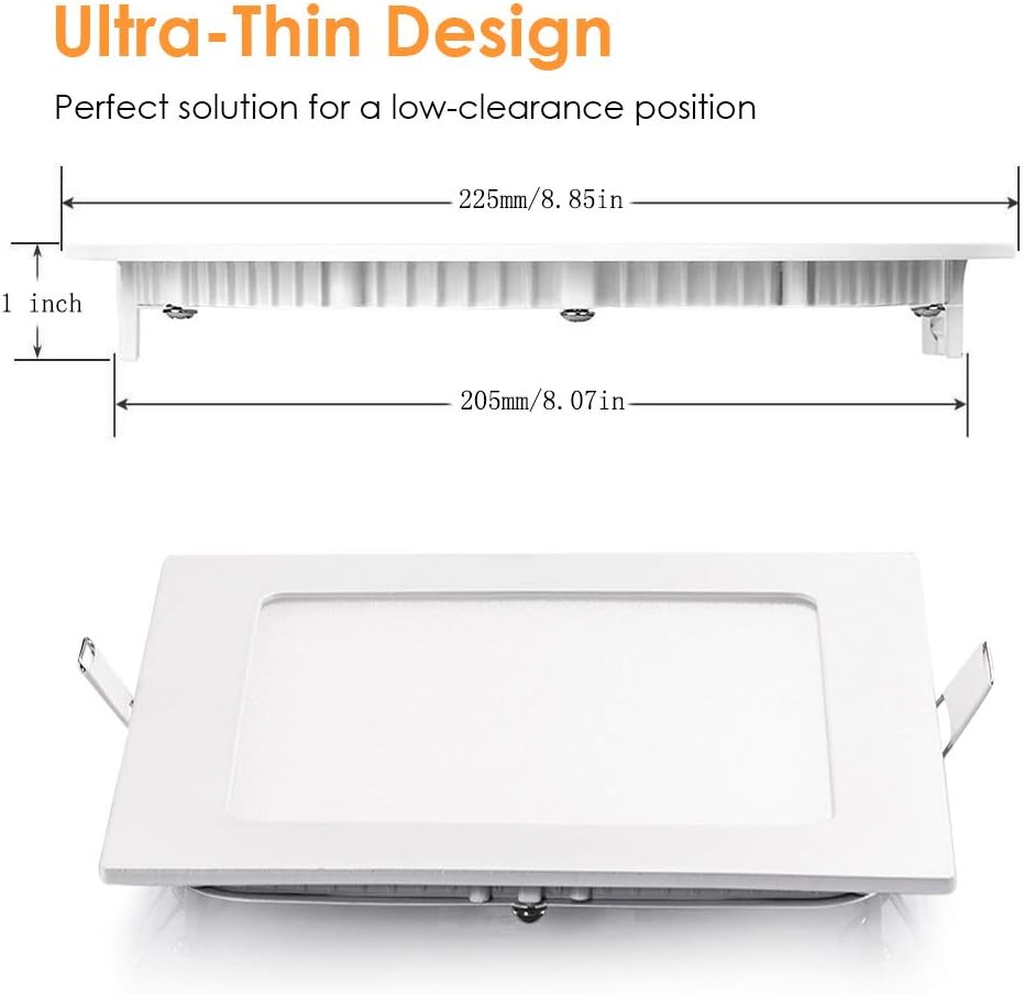 SAYHON 8 inch Ultra-Thin Square Recessed Lighting with Junction Box,18W 6000K Daylight White,Non-Dimmable Low Profile Ceiling Light Kit Downlight for Office/Commercial Lighting/Kitchen/Hallway/Home