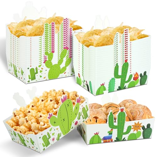 Xustanina 24 Pcs Fiesta Themed Paper Food Trays, Cactus Food Service Boats, Corn Chip Trays, Disposable Snacks, Mexican Birthday Party Supplies.