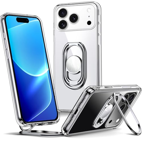 Image of SHIELDS UP for iPhone 17 Pro Back Cover Case with Stand, Phone Case Clear with Double Ring Holder [Adjustable & Foldable] Shockproof Protective Cover for iPhone 17 Pro 6.3 inch - Clear