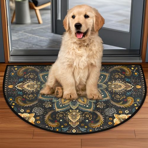 Image of cfpolar Half Round Door Mat Ethnic Mandala Boho Flower Non-Slip Semi Circle Area Rug Washable Half Moon Hearth Rugs for Indoor Outdoor Bathroom Kitchen Patio Runner Mat Laundry Room Home Decoration