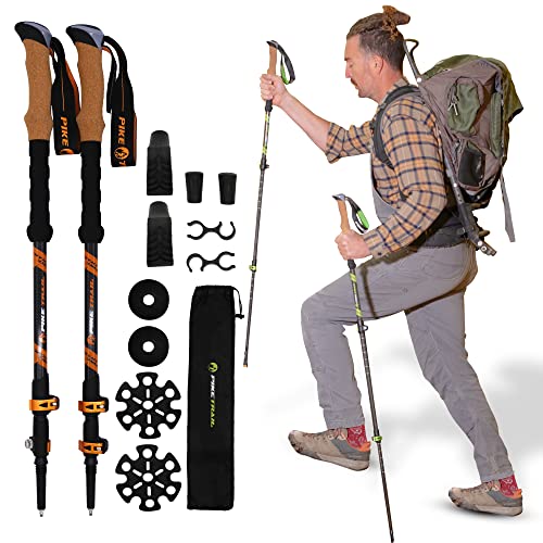 Pike Trail Trekking Poles - Lightweight Carbon Fiber Collapsible Sticks for Walking and Hiking - for Men and Women - Adjustable Height and Retractable Design - Carry Bag and Attachments Included