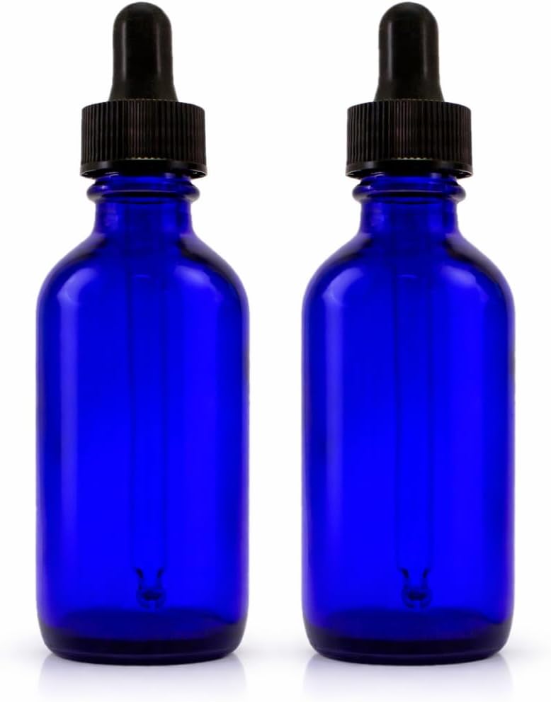 GreenHealth 2oz Cobalt Blue Glass Dropper Bottles – Pack of 2 – Refillable, UV Protection, BPA-Free, Travel Size – Ideal for Essential Oils, Serums, Tinctures, DIY Aromatherapy