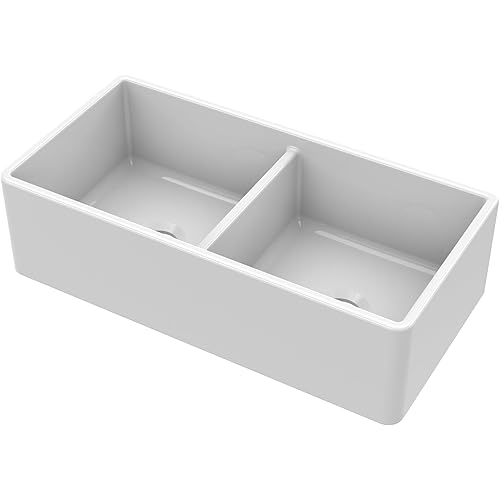 Nuie White Kitchen Sink 36 inch Plain 50/50 Double Bowl Apron Front Farmhouse Sink with C/W and Stepped Weir, Fireclay Ceramic Kitchen Sinks, Farmhouse Sinks for Kitchens - 36x18x10" (White)
