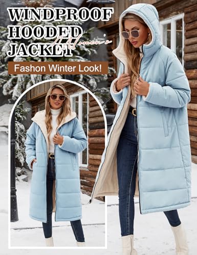 Vancavoo Wintermantel Damen Lang Winterjacke Warm Gefüttert Winterparka Winter Jacke Mantel Parka Steppmantel Daunenmantel mit Kapuze,Blau,XL