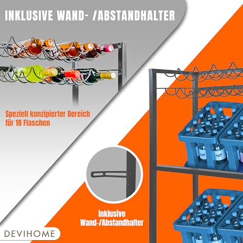 DEVIHOME® Getränkekistenregal Weinregal - 6x Kisten + 18x Flaschen Anthrazitgrau mit Verstellb. Füßen & Wandbef. | Getränkeregal - Flaschenregal Metall - Kistenregal - Bierkisten Regal - Kastenständer