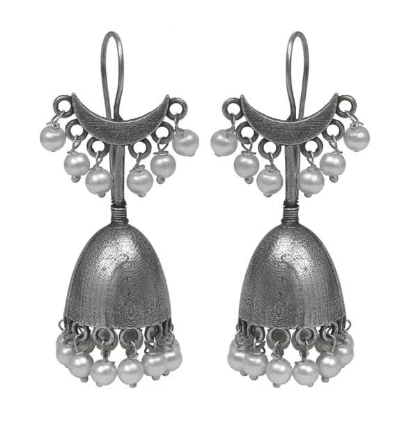 El Regalo Silver Lookalike Brass Oxidised Crescent Motif Pearl Jhumki Earrings for Girls & Women - Statement Jhumki Earrings (B0CKPMKJVY) Amazon Price History, Amazon Price Tracker