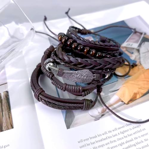 Zobnexts 31Pcs Braided Leather Bracelets for Men Women Punk Wrap Wood Beads Bracelets Adjustable Hemp Cords Ethnic Tribal Handmade Wrap Wristband Punk Gothic Evil Eye Skull Skeleton Bracelet by Zobnexts - Image 6