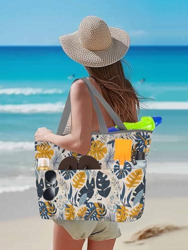 Beach Bags Women Mesh Tote Bag Watercolor Tropical Leaf Toy Grocery Pool Bag with Pockets for Travel/Picnic/Shower3