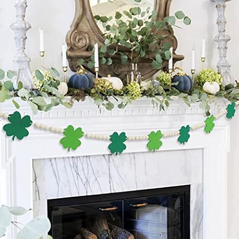 DAZONGE St. Patrick's Day Decorations, Wood Bead Shamrock Garland for St. Patrick's Day Decor, Lucky Felt Shamrock Garland for Mantel Wall Decor Cover