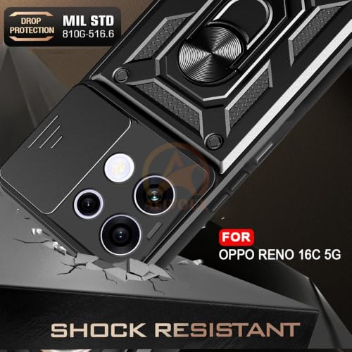 Image of Armor Bumper Back Cover Case for Oppo Reno 16C 5G Rotating Camera Cover, Ring Holder & Kickstand | Heavy Duty & 360 Degree Protection Back Cover for Oppo Reno 16C 5G (Black)
