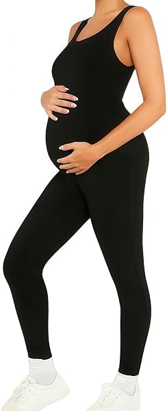 MANJIAMEI Combinaison de Grossesse sans Manche Noire Yoga Legging Body de Grossesse sans Couture Col U Longueur Totale Combinaison Sport Ajustée Décontractée Workout Activewear - 4