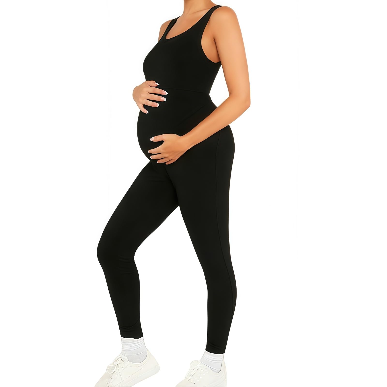 SamHeng Combinaison de maternité sans manches, combinaison de yoga noire sans couture, leggings de grossesse, body à col en U, combinaison de sport pleine longueur, coupe ajustée, tenue décontractée