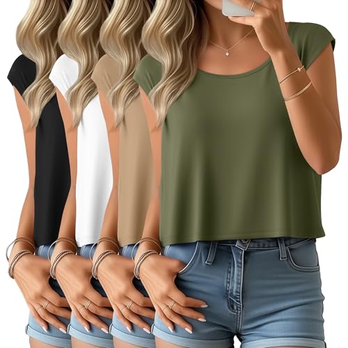 Sweetyweee 4 Pack Crop Tops for Women Cap Sleeve Scoop