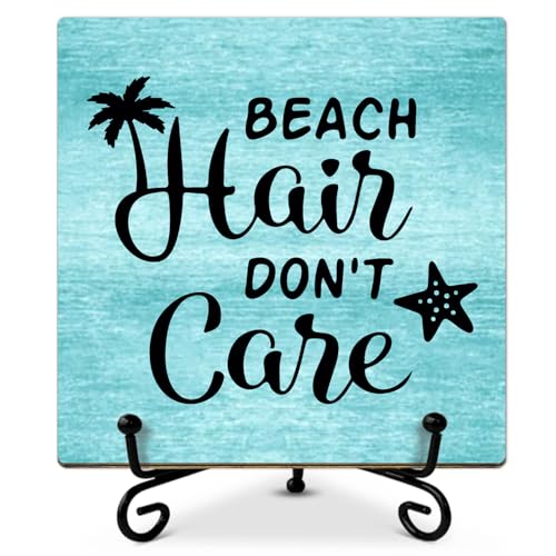 mermermu Wooden Beach Sign - 'Beach Hair Don't Care' - 5.1 x 5.1 Inches - Tabletop Decorative Sign