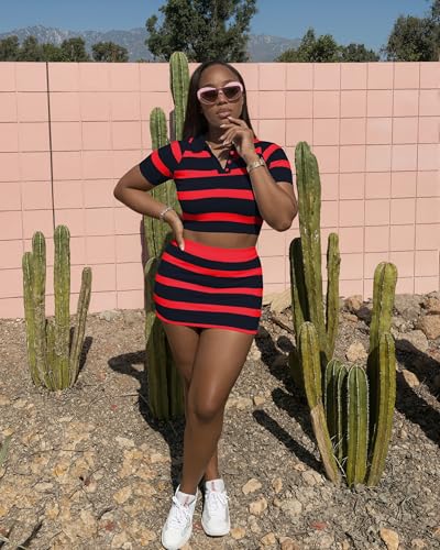 Image of HBQ Women's Casual 2 Piece Skirt Sets Polo Collar Crop Top Striped Mini Dress Summer Vacation-Stripe