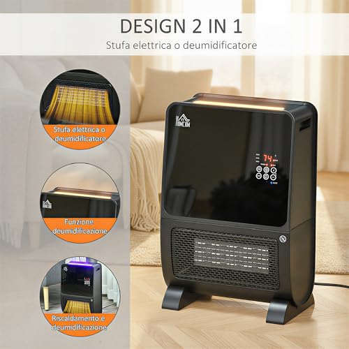 Homcom Stufa Elettrica 2 In 1 Con Umidificatore, Luce Led A 3 Colori E Ultravioletti, Timer Programmabile E Telecomando, 33X21X49.5Cm, Nero - 6