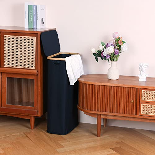 efluky Slim Laundry Basket with Lid, Narrow Laundry Hamper with Removable Bag, Skinny Dirty Clothes Basket with Bamboo Handles for Bathroom, Bedroom & Laundry Room, 63L Black