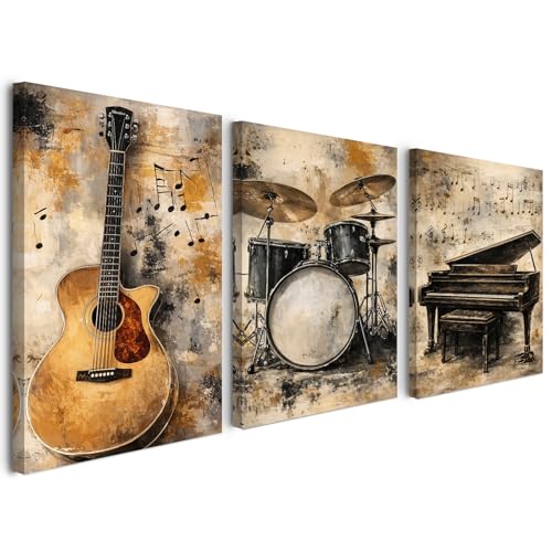 Image of Alptiny Vintage Music Canvas Wall Art Set of 3, 30x40cm (12x16 inch) Framed Wall Art with Pine Wood Frame, Guitar Drum Piano Canvas Print for Living Room Bedroom Office, HD Waterproof