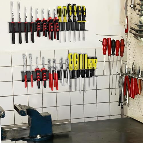 HERKINDNESS Schraubenzieher Halterung, 40 cm Wandhalterung Werkzeug, Schwarz 14 Löcher Werkzeug Wandhalterung, mit Schrauben und Spreizrohren, für Garagen, Werkstätten, Werkbänke