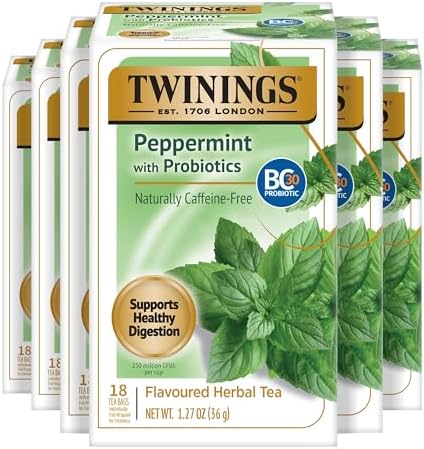 Twinings Peppermint with Probiotics Herbal Tea, 18 Count (Pack of 6), Supports Healthy Digestion, Naturally Caffeine-Free, Enjoy Hot or Iced, 108 Teabags