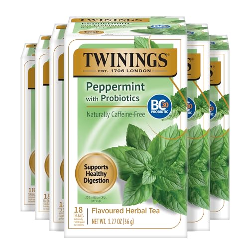Image of Twinings Peppermint with Probiotics Herbal Tea, 18 Count (Pack of 6), Supports Healthy Digestion, Naturally Caffeine-Free, Enjoy Hot or Iced, 108 Teabags