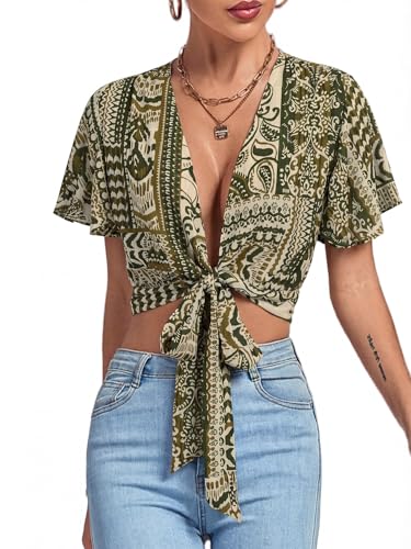 Image of LYANER Women's Sexy Deep V Neck Tie Front Wrap Cropped Blouse Bell Short Sleeve Ruffle Crop Tops