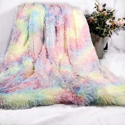 MYRU Plush Super Soft Blanket Colorful Bedding Sofa Cover Furry Fuzzy Fur Warm Throw Cozy Couch Blanket for Winter (Rainbow,130 x 160 cm)