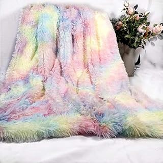 MYRU Plush Super Soft Blanket Colorful Bedding Sofa Cover Furry Fuzzy Fur Warm Throw Cozy Couch Blanket for Winter (Rainbow,130 x 160 cm)