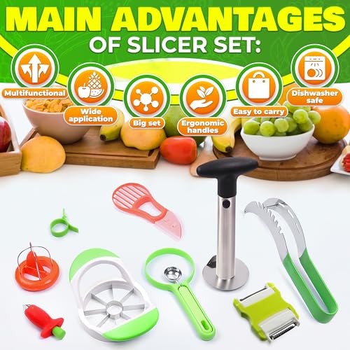 Image of 9 Pcs Fruit Slicer Set - Pineapple Corer and Slicer, Watermelon Cutter, Strawberry Huller, Apple Cutter, Avocado, Kiwi Tool and More - Stainless Steel Fruit Cutting Tools for Summer Parties and BBQs