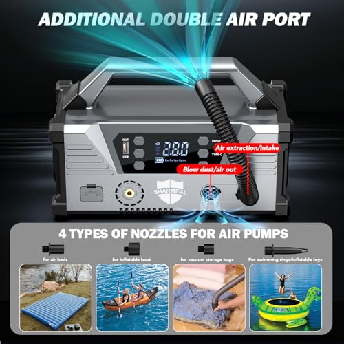 Sharmeal Jump Starter with Air Compressor，9000A Car Battery Jump Starter (All Gas/12.0L Diesel)，200PSI Car Battery Jumper Starter Portable 12V Jump Box with Jumper Cables, LED Light — view 4