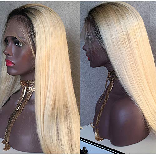 34 Inch Straight Long Hair Dark Roots #1B/613 Ombre Lace Front Human Hair Wig For Black Women 2 Tones 13X4 Free Part 100% Remy Hair Wig Pre Plucked With Baby Hair 613 Half Hand Made Lace Frontal Wigs #TOP4