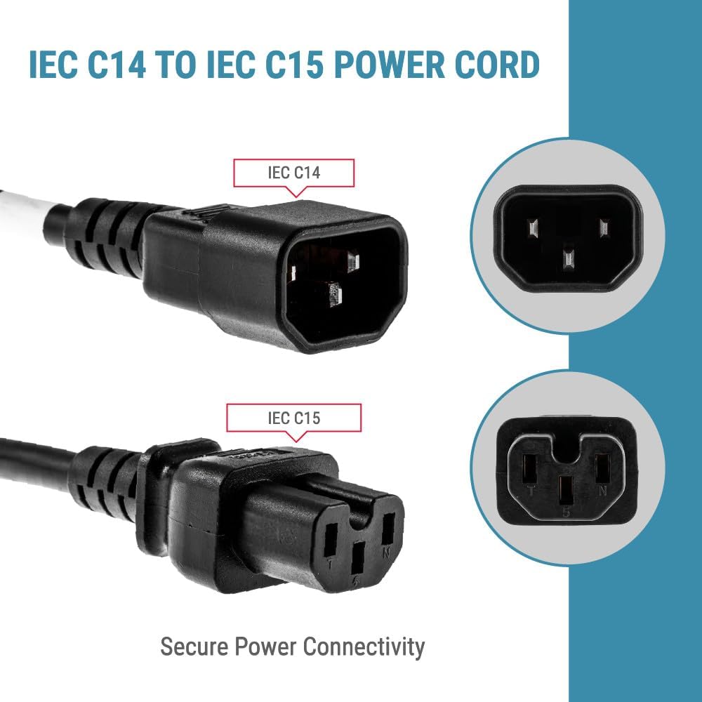 CablesAndKits - AC Power Cord Extension 6ft (1.8m) - C14 to C15-15A/250V, 14 AWG Power Cord - Heavy-Duty Power Cable for PDU, UPS, Electronics, Network and Data Center Needs - (Black)
