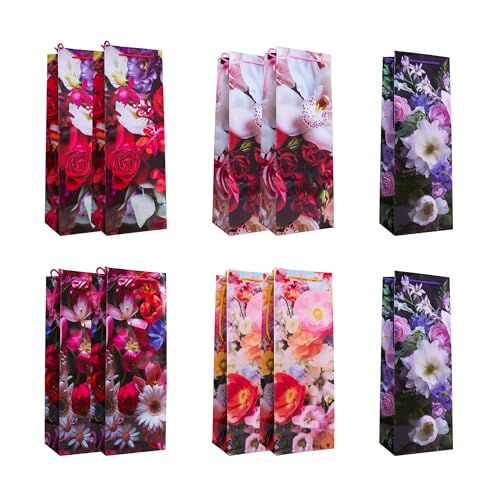 Idena 90227 - Flaschentasche Classic Blumen 10 Stück Geschenktaschen in der Größe 12 5 x 35 x 9 cm glänzende Papiertüten mit bunten Blumen