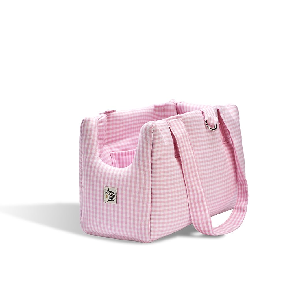 Leo e Luna – Borsa Trasportino per Cani in Cotone Rosa Vichy | Taglie S-M-L | Fondo Rigido, Cintura di Sicurezza, Lavabile | Borsa Morbida e Resistente per Cani Fino a 12 kg (M)
