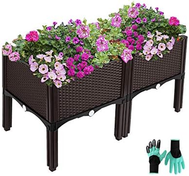Elevated Planters Raised Garden Beds Plastic, Vegetables Plant Raised Bed Kits, Herbs Flowers Growing Box with Legs & Drainage Holes for Garden Patio Balcony Restaurant, Brown