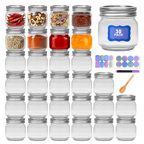 8 oz Mason Jars 4 Pack,Small Glass Containers with Lids,8oz Mason Jars with Lids,Canning Jars,The set includes wooden spoons, 2 stickers, and a purple pen,Ideal for jams, spices, candy