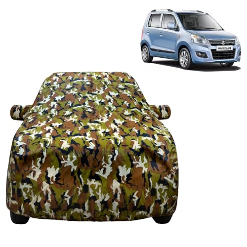 Image of VYAS 100% Waterproof Wagon R Car Cover Compatible with Maruti Wagon R (2010-2017) Full Body Car Cover, All Weather Protection with Mirror Pocket, Belt & Buckle Camouflage Design